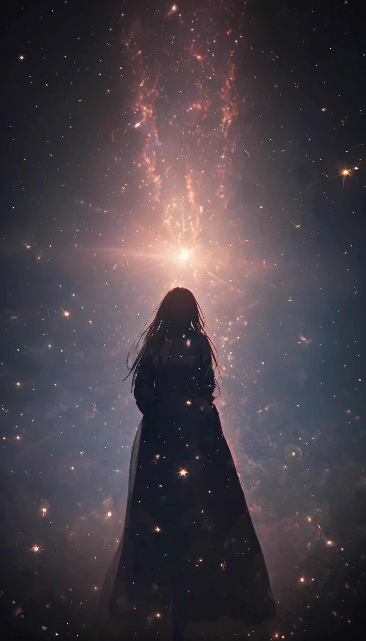 8k,wallpaper of extremely detailed CG unit, masterpiece,hight resolution,top-quality,top-quality real texture skin,hyper realisitic,increase the resolution,RAW photos,best qualtiy,highly detailed,the wallpaper,cinematic lighting,ray trace,golden ratio, BREAK ,many stars twinkling in a beautiful bright winter night sky, long exposure starry sky with many circular orbits, silhouette of a cute young woman with long hair with her hands in her coat pockets looking up at it, photo taken from long distance, photo from below, beautiful kaleidoscope multiple exposures overlapping