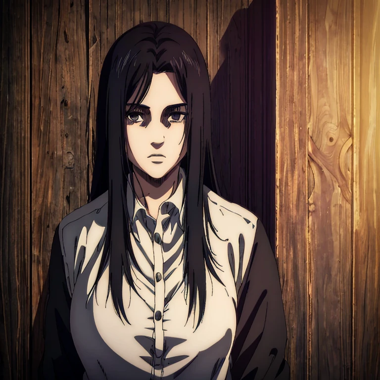 best quality, highres, masterpiece:1.2), ultra-detailed, (realistic, photorealistic, photo-realistic:1.37), female character, very young 18 girl,  Mappa art style, grayish black eyes, neat styled raven black long straight hair with long swept bangs,  behind her a cabin , she is wearing shirt