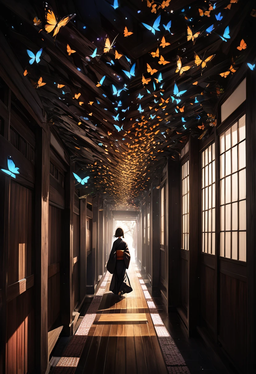 Surrealism, work of art, 8K quality, "endless corridor", perspective, traditional Japanese architectural corridor, an impossibly long corridor converging at a single point, the floorboards are made of keyaki wood, creating the atmosphere of an old temple, unrealistic yet endless corridor, sunlight shines in from the side in places, a swarm of brightly colored butterflies fly in long bands through the space of the corridor, the swarm of butterflies sparkling in the sunlight in places, a woman in a kimono is walking far ahead.