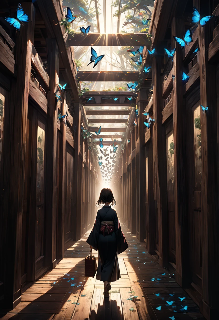 Surrealism, work of art, 8K quality, "endless corridor", perspective, traditional Japanese architectural corridor, an impossibly long corridor converging at a single point, the floorboards are made of keyaki wood, creating the atmosphere of an old temple, unrealistic yet endless corridor, sunlight shines in from the side in places, a swarm of brightly colored butterflies fly in long bands through the space of the corridor, the swarm of butterflies sparkling in the sunlight in places, a woman in a kimono is walking far ahead.