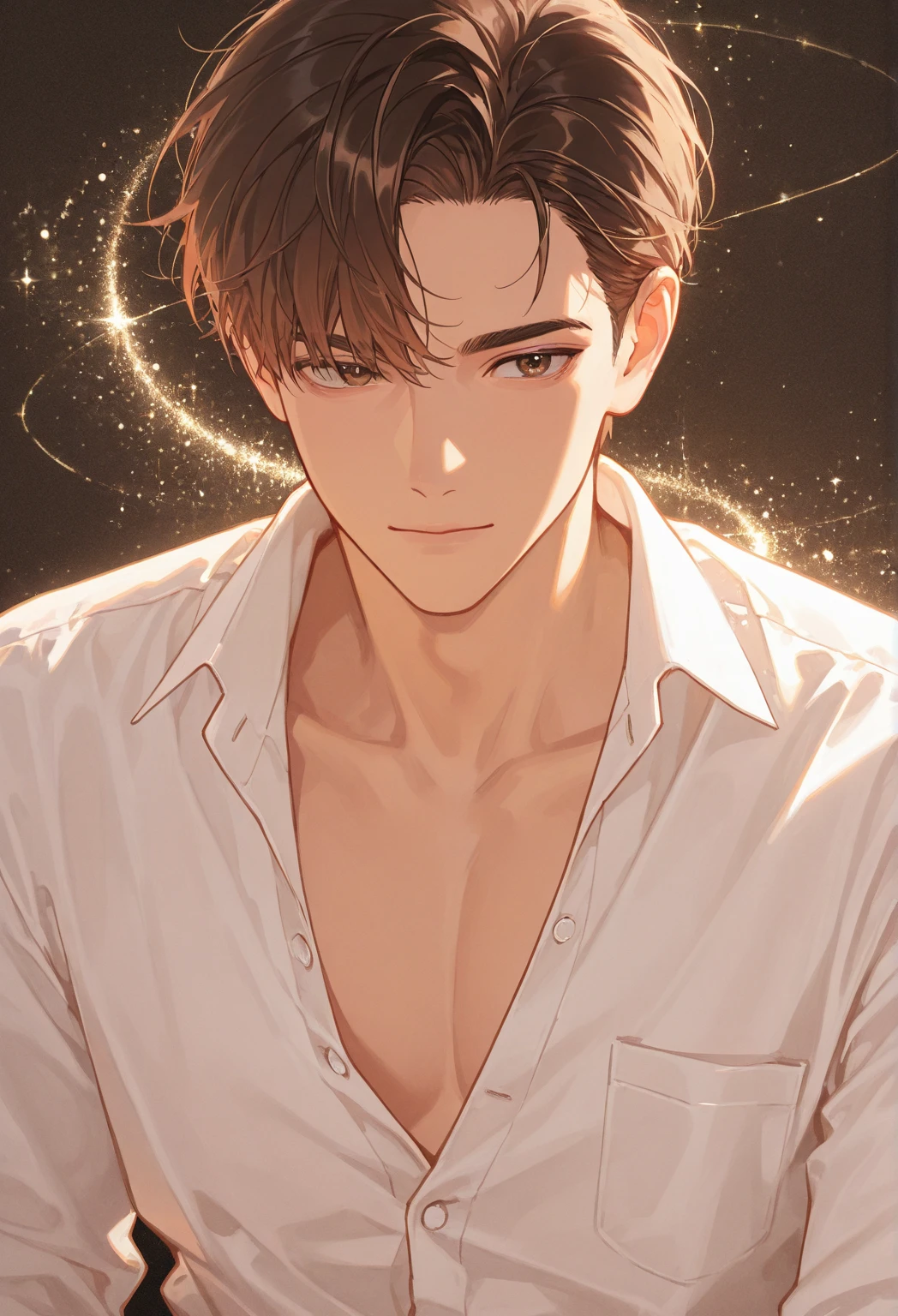  1 man,handsome man,Delicate line drawing,white buttoned shirt, brown hair,  shortcuts ,  Background Blur,  glitter effect, 