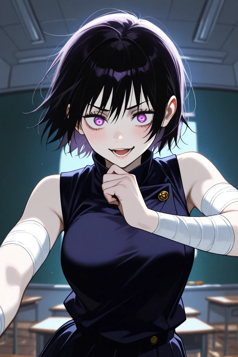 (masterpiece), best quality, expressive eyes, perfect face, 1girl, adult, short fluffy black hair, bright lavender eyes, pale skin, sleeveless black student uniform (jujutsu kaisen style), medium shot, bandages on arms, dynamic pose, classroom background, nighttime, dark lighting