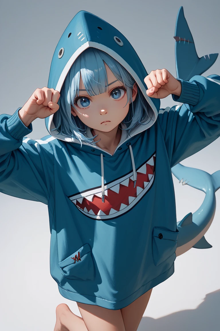 ultra-detailed, absurdres, colorful, gawr gura, detailed eyes, wide-eyed, eyelashes, looking at viewer, (blue background:0.9), (standing:0.7), 1girl, wearing cute shark pajamasl, blue hoodie, shark tail, sharp teeth, claw pose, hood up, (Smiley Face:1.0), pockets, hands up, clenched teeth, cowboy shot, masterpiece, best quality, UHD, accurate, anatomically correct, 8k, highres
