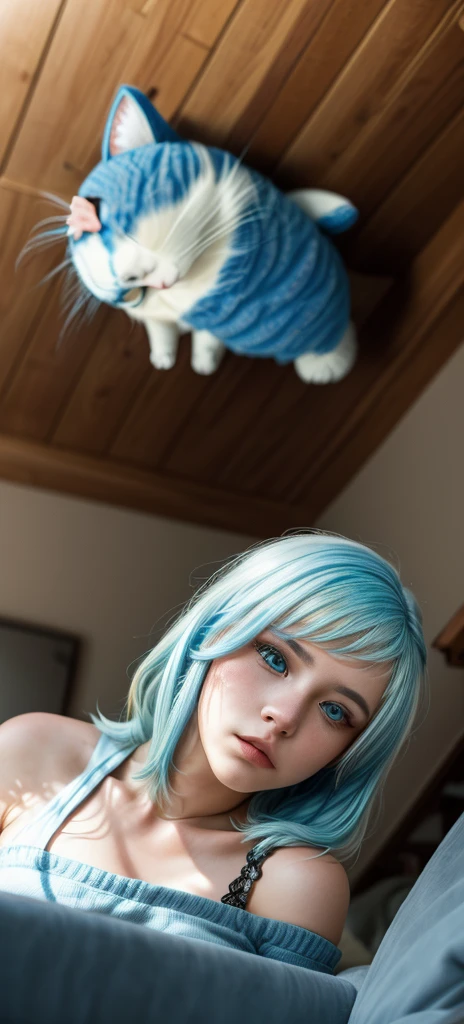 (masterpiece, best quality), 1girl, (white-blue hair:1.3), long hair flowing over the bed, (punk fashion:1.2), (broken large stuffed cat:1.3) next to her, (shot from the ceiling:1.4), dim warm light, realistic room interior, intricate details, soft shadows