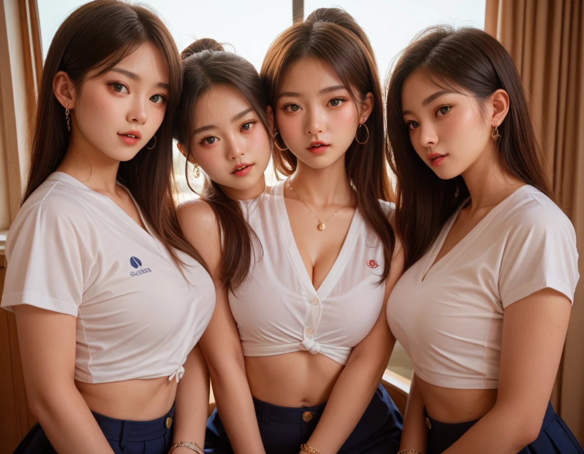 (extra detailed body、extra detailed face、best qualtiy:1.2)、femele、(((three woman's)))、(((Three women side by side))), (((plump)))、looking at the viewers、(t-shirt)、(park in the background),From the stomach up、leaning to the right、(((clasp one's arms behind one's head))), (((chubby 70kg))), (((stretch)))