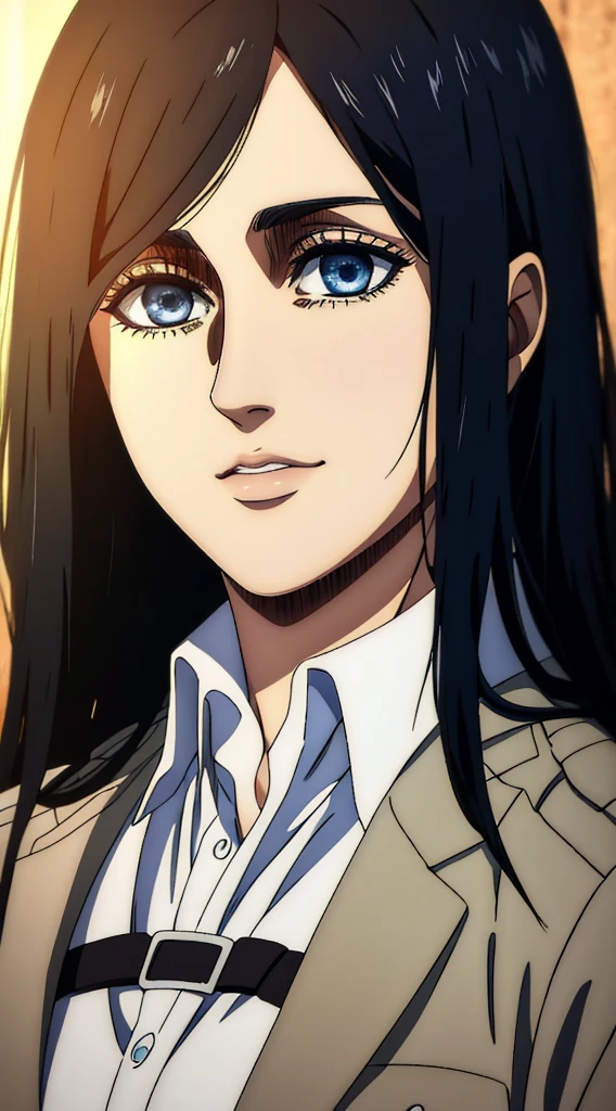 (masterpiece:1.2, best quality), photorealistic, (hyperrealistic:1.2), beautiful, woman from AOT but with long black hair and  blue eyes , she's a doctor , Mappa style ، smiling , she got frieda Reiss eyes ، very beautiful, long hair