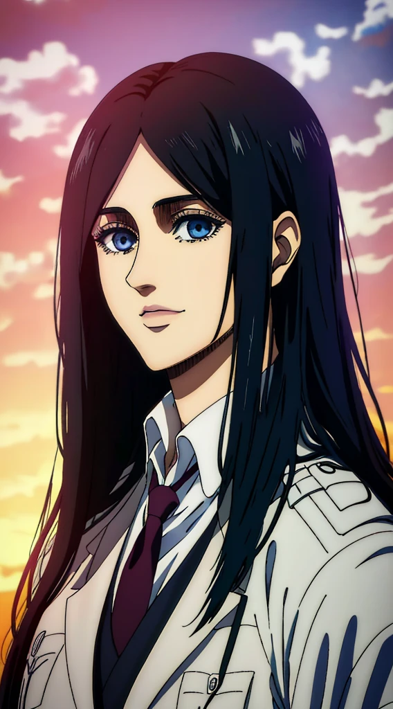 (masterpiece:1.2, best quality), photorealistic, (hyperrealistic:1.2), beautiful, woman from AOT but with long black hair and  blue eyes , she's a doctor , Mappa style ، smiling , she got frieda Reiss eyes ، very beautiful, long hair