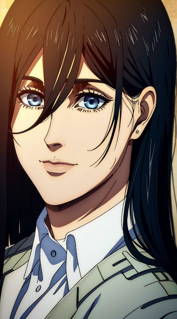 (masterpiece:1.2, best quality), photorealistic, (hyperrealistic:1.2), beautiful, woman from AOT but with long black hair and  blue eyes , she's a doctor , Mappa style ، smiling , she got frieda Reiss eyes ، very beautiful, long hair