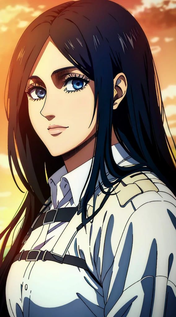 (masterpiece:1.2, best quality), photorealistic, (hyperrealistic:1.2), beautiful, woman from AOT but with long black hair and  blue eyes , she's a doctor , Mappa style ، smiling , she got frieda Reiss eyes ، very beautiful, long hair