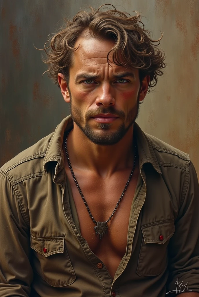 1 young man with messy hair light beard 6 height solid body 