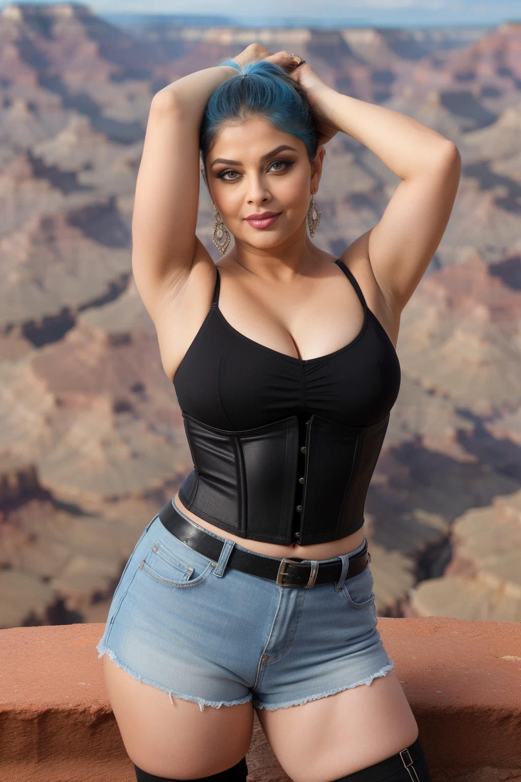50 year old mature MILF Aishwarya Rai Bachchan, denim micro shorts and leather corset, ((exposing thighs)), knee high boots, deep cleavage show, ((high ponytail hair)), curvaceous milf body, hourglass milf figure, ((perfect breasts)), seducing pose, posing in beach, sunny day scene, soft volumetric lights, intricate details, (ArtStation:1.2)