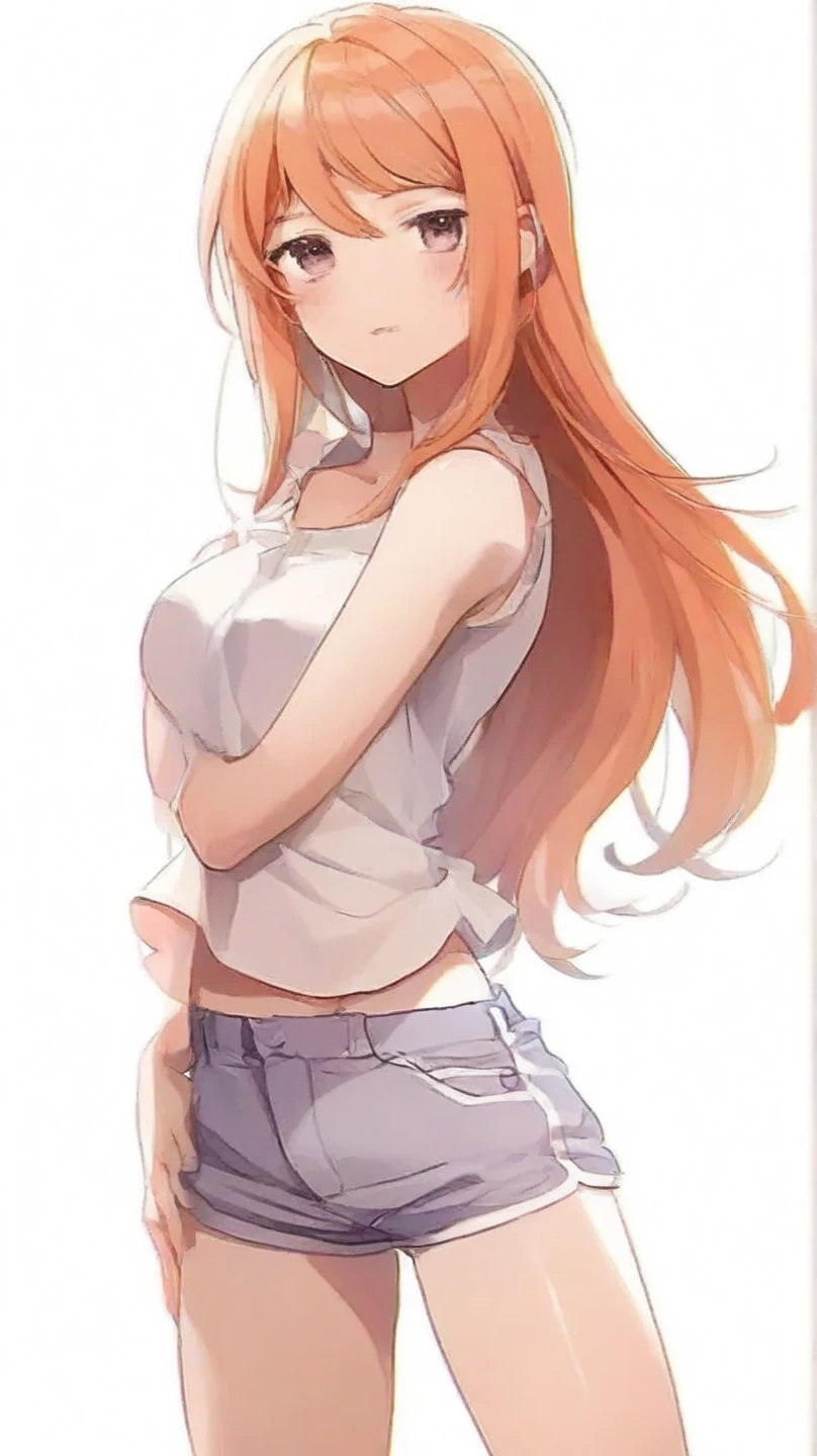 score_9, score_8_up, score_7_up, score_6_up, 1girl, Ginger, GingerRH, Very long ginger hair, straight hair, parted bangs, freckles,  freckles, blue eyes, pale skin, small , pinup pose, posing, abstract background, orange tint,  aesthetic, white tank top,  peek, shorts, sitting, knees up, hugging own legs, looking at the viewer,