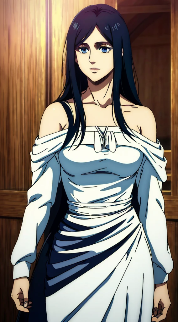 (masterpiece:1.2, best quality), photorealistic, (hyperrealistic:1.2), beautiful, woman from AOT but with long black hair and  blue eyes , she's a doctor , Mappa style ، smiling , she got frieda Reiss eyes ، very beautiful, long hair , she wears an off shoulder white dress, long white dress