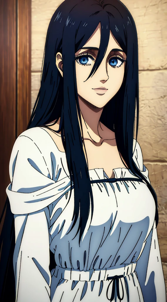 (masterpiece:1.2, best quality), photorealistic, (hyperrealistic:1.2), beautiful, woman from AOT but with long black hair and  blue eyes , she's a doctor , Mappa style ، smiling , she got frieda Reiss eyes ، very beautiful, long hair , she wears an off shoulder white dress, long white dress