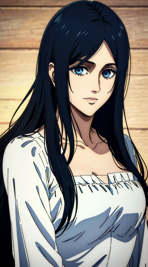 (masterpiece:1.2, best quality), photorealistic, (hyperrealistic:1.2), beautiful, woman from AOT but with long black hair and  blue eyes , she's a doctor , Mappa style ، smiling , she got frieda Reiss eyes ، very beautiful, long hair , she wears an off shoulder white dress, long white dress