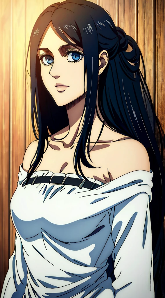 (masterpiece:1.2, best quality), photorealistic, (hyperrealistic:1.2), beautiful, woman from AOT but with long black hair and  blue eyes , she's a doctor , Mappa style ، smiling , she got frieda Reiss eyes ، very beautiful, long hair , she wears an off shoulder white dress, long white dress