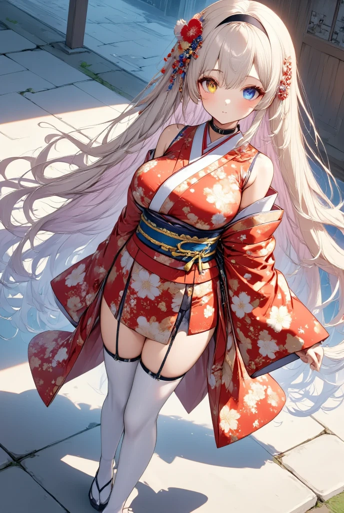 (Masterpiece,  top quality:1.2),  from the side 1 girl , Alone, Big Breasts ,A girl with complete heterochromia wearing a kimono,
Super long shimmering hair ,

 fresh illustration ,
 Detailed Map,
 top quality,
 Very Delicate Illustration ,
 very fine details ,
 Detailed Map,
 anatomically perfect , fresh illustration ,
Superfine painting,
 top quality,
 very delicate illustration ,
 Very fine details ,
 beautiful attractive anime style ,
Super detailed drawing ,
 illustration of a beautiful and sophisticated girl,
 full body view,
Height: 158cm,
Fair skin,
(((((Complete iris heterochromia ))))),
 large black pupils ,
 beautiful eyes,
Shiny super long hair ,
 pink hair,
 The hair has a gradation
My forehead is half sticking out,
 pretty and cute face ,
Cheeks are ruddy,
Lowering the eyebrows,
 since age 27,
The upper body is a super flashy red kimono,
 lower body Nadres ,
 The color of the belt matches the kimono and is tastefully embroidered with gold thread,
 fine fabric clothing ,
Shoulder-width narrower shoulders,
mega breasts,
Isometric,
Golden Ratio,
 wearing a padded collar innerwear ,
 tactical use of shadows ,
( The hair and the halo on the head do not extend beyond the frame),
(Clothes don't stick out of the angle of view ),
 garter belt,
 stockings ,
 The thigh strap cuts into the skin,
ivory lace shorts,
 The tips of the white long boots are Japanese style ,
 Thin Waist,
Thick thighs,