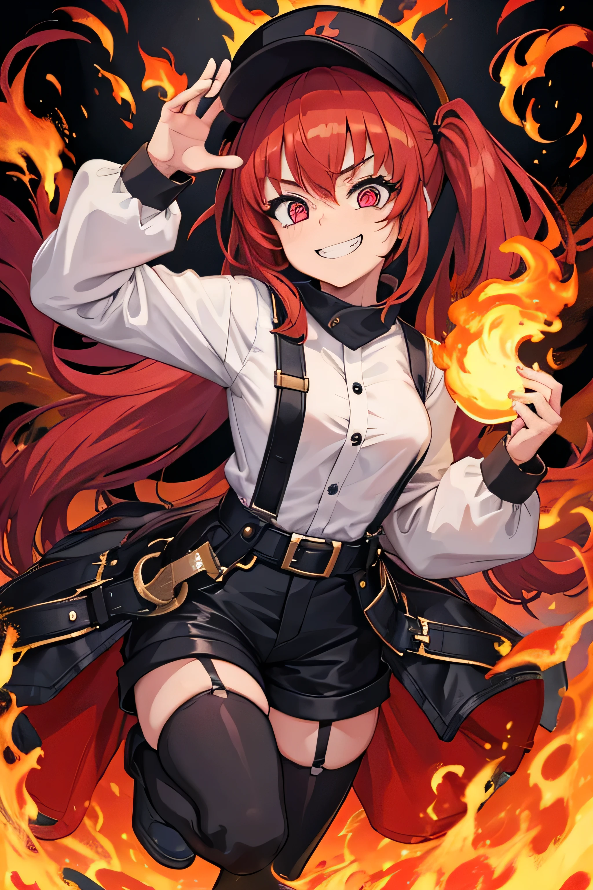 a crazy Pyromanic girl that loves fall fest and is in one causing chaos, she has a manic grin and crazy eyes [:16]lack long sleeve shirt and black shorts[two outward pigtails/trails][panties visible][pantyhose][a lots of belts throughout her body][fiery high can fire boots]{{{ful body picture}}}