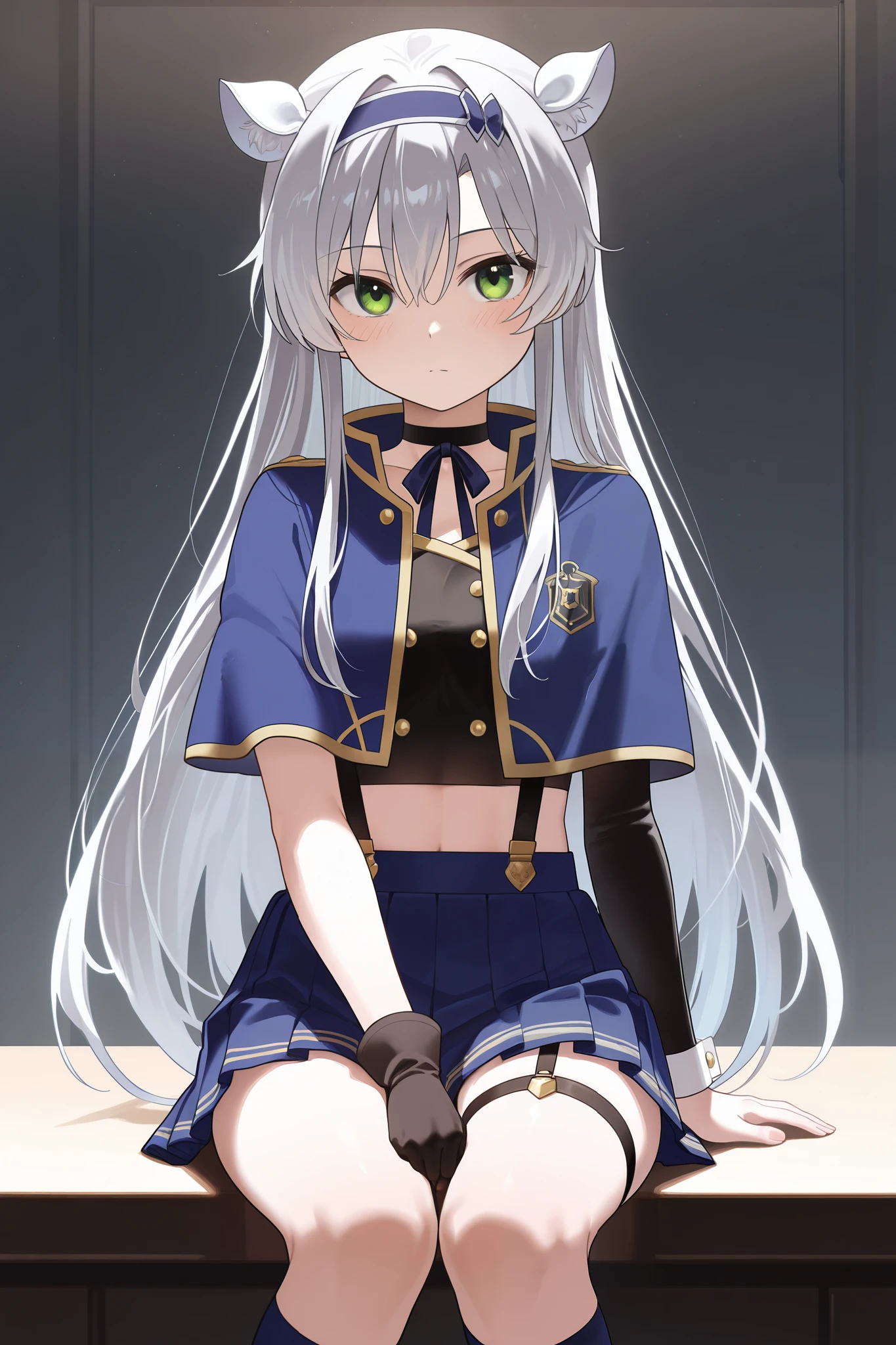 NSFW,masterpiece, top quality, high definition, very detailed,Sistine＝Fiebel 、 Roku Denashi Magi Instructor and Akashic Records、 green eyes、 gray hair、stupid hair、 small breasts、 long hair、 Blue Hairband 、 fake animal ears ,Arzano uniform , crop top、 blue capelet、 blue knee socks 、 neck ribbon、 choker 、 garter strap、 wrist cuff on one side 、One glove、Uneven gloves 、Pleated skirt、Suspender skirt、abdomen,(Prostitute)