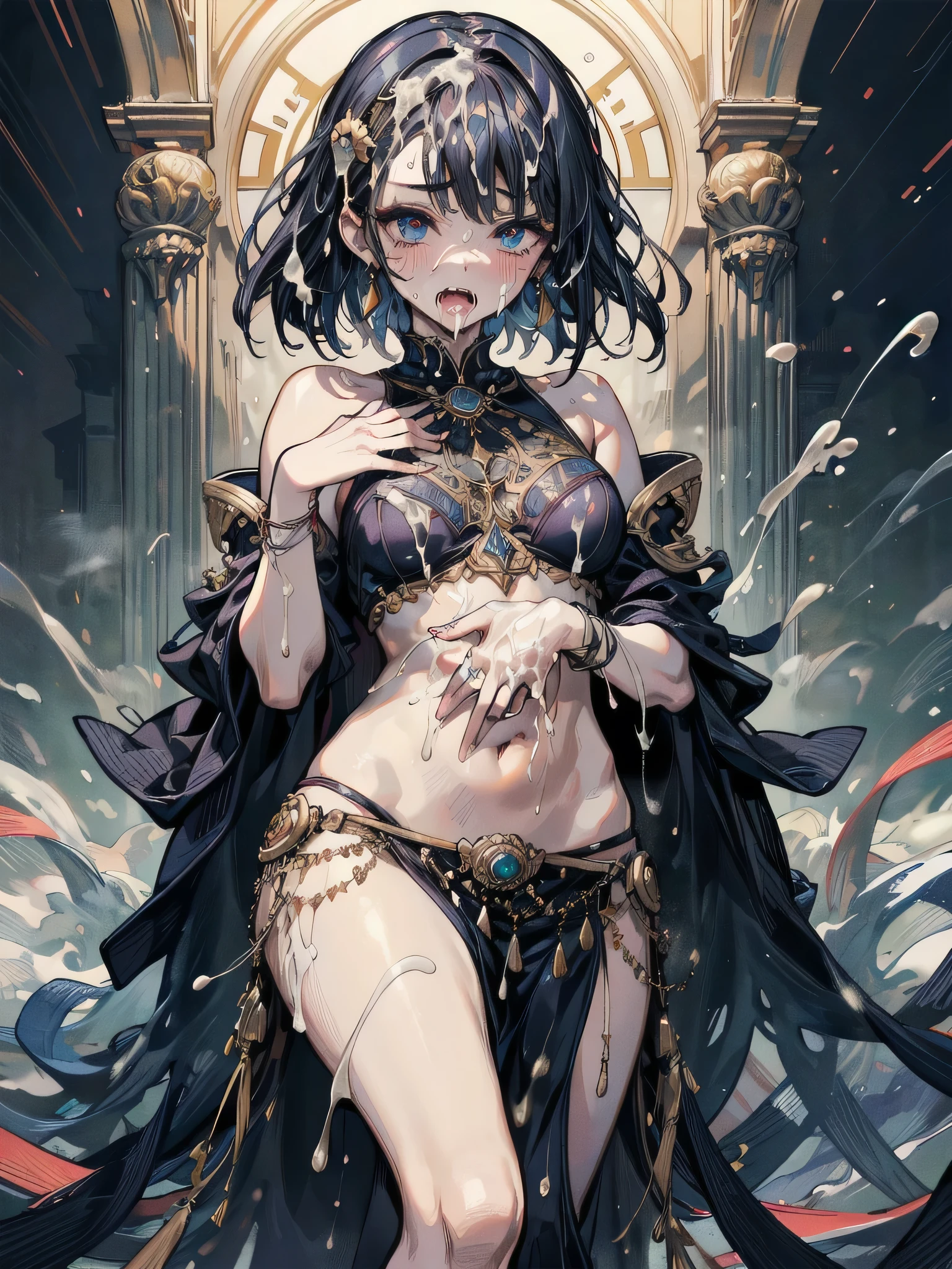 masterpiece, best quality, solo, mythical woman, flower hair, blue eyes, blue hair, undine , blue skin, leaf,
