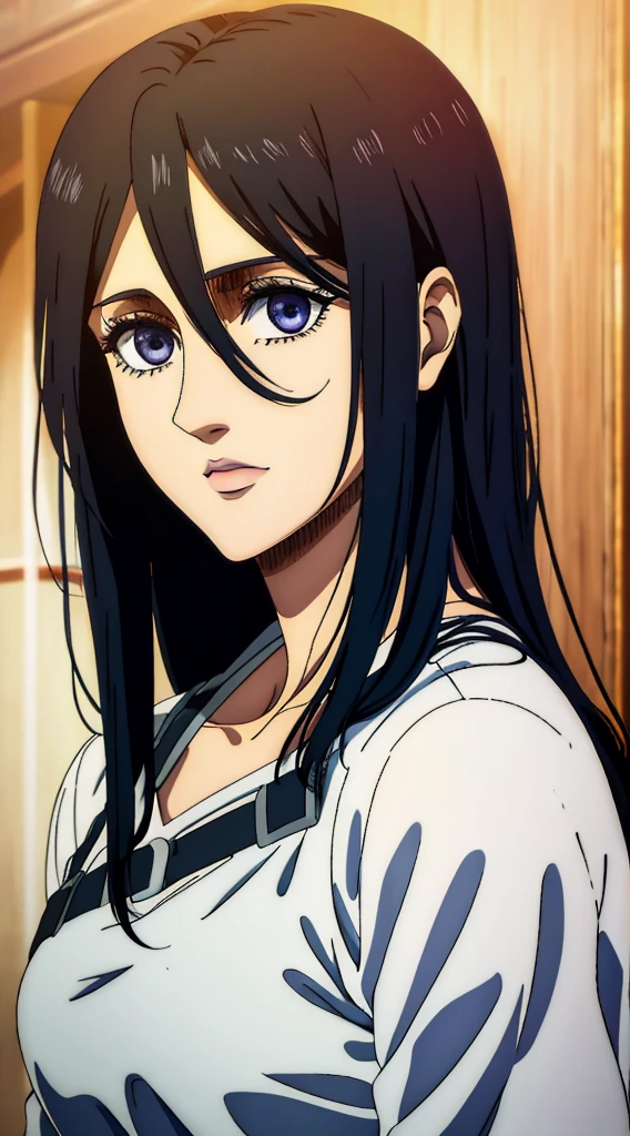 (masterpiece:1.2, best quality), photorealistic, (hyperrealistic:1.2), beautiful, woman from AOT but with long black hair and  blue eyes , she's a doctor , Mappa style ، smiling , she got frieda Reiss eyes ، very beautiful, long hair , she wears an off shoulder white dress, long white dress, her eyes turned to purple,her face looked shocked, she looks scared