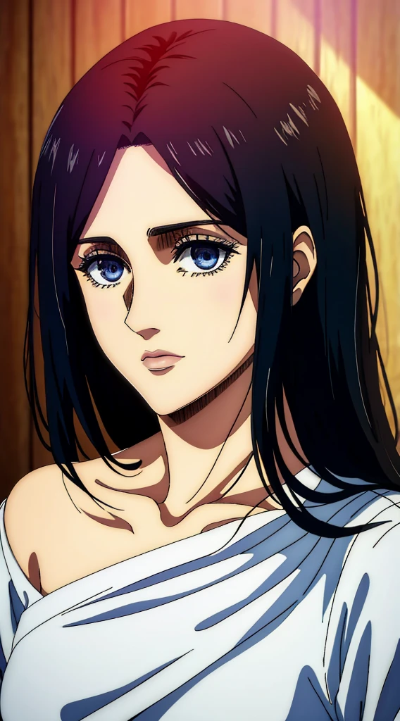 (masterpiece:1.2, best quality), photorealistic, (hyperrealistic:1.2), beautiful, woman from AOT but with long black hair and  blue eyes , she's a doctor , Mappa style ، smiling , she got frieda Reiss eyes ، very beautiful, long hair , she wears an off shoulder white dress, long white dress, her eyes turned to purple,her face looked shocked, she looks scared