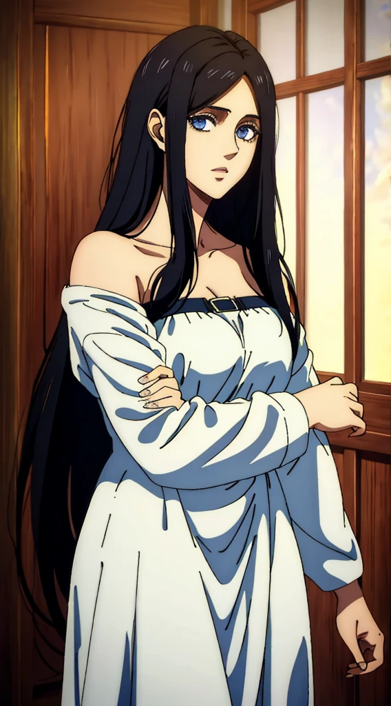 (masterpiece:1.2, best quality), photorealistic, (hyperrealistic:1.2), beautiful, woman from AOT but with long black hair and  blue eyes , she's a doctor , Mappa style ، smiling , she got frieda Reiss eyes ، very beautiful, long hair , she wears an off shoulder white dress, long white dress, her eyes turned to purple,her face looked shocked, she looks scared