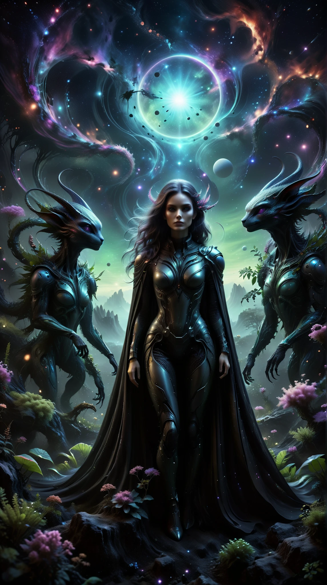  A beautiful female alien ,  realistic style , wildlife,  Science Fiction, dark,  Light soft feeling ,  Brilliant armor , Eye shadow Dark black ,  Abundant fabric ,  with a wild animal inspired tail,  Translucent cape , Mysterious atmosphere,  Fascinating outer space landscape ,  Abundant plant life ,  Sacred rock structure , Atmospheric Light ,  flowing fabric ,  Flowing outer space Background ,  Alien sky 