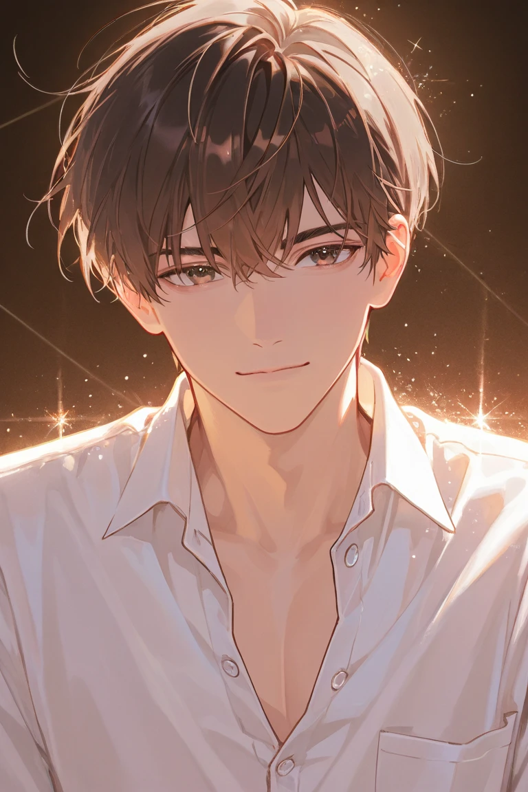  1 man,handsome man,Delicate line drawing,white buttoned shirt, brown hair,  shortcuts ,  Background Blur,  glitter effect, 