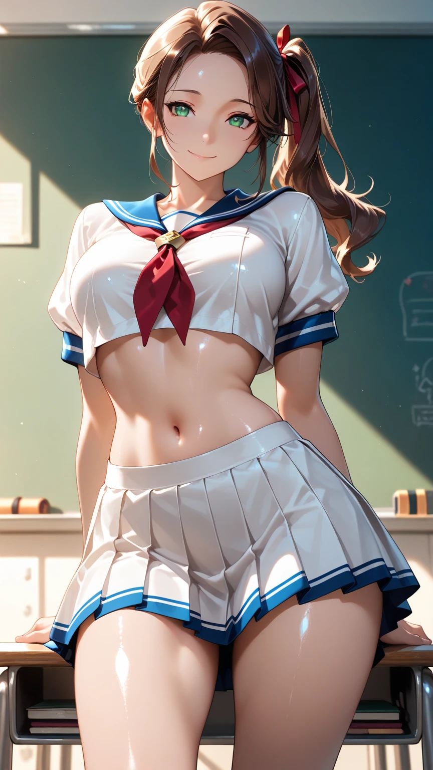 highest quality、High resolution、detailed background、beautiful and detailed face、beautiful and smooth skin、skin texture、professional lighting、
10代のcute美少女、(huge breasts:1.2)、perfectionなボディライン、perfection, Well-defined body、
(She looks happy as she lifts up her skirt and shows her panties..:1.5)、emphasize the chest、emphasize cleavage、
((sheer white sleeveless sailor shirt:1.5))、white sailor collar、Pleated mini skirt with tartan plaid pattern、knee high socks、over knee socks、pink and black floral embroidery bra、pink and black floral embroidery panties、cute編み込みポニーテール、
lift up the skirt、sexual expression、panty shot、cute、camel toe