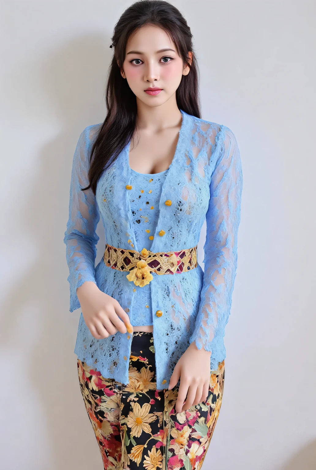of a 25 year old woman, standing facing forward, using light blue transparent bali kebaya shirt, dark red lips ,