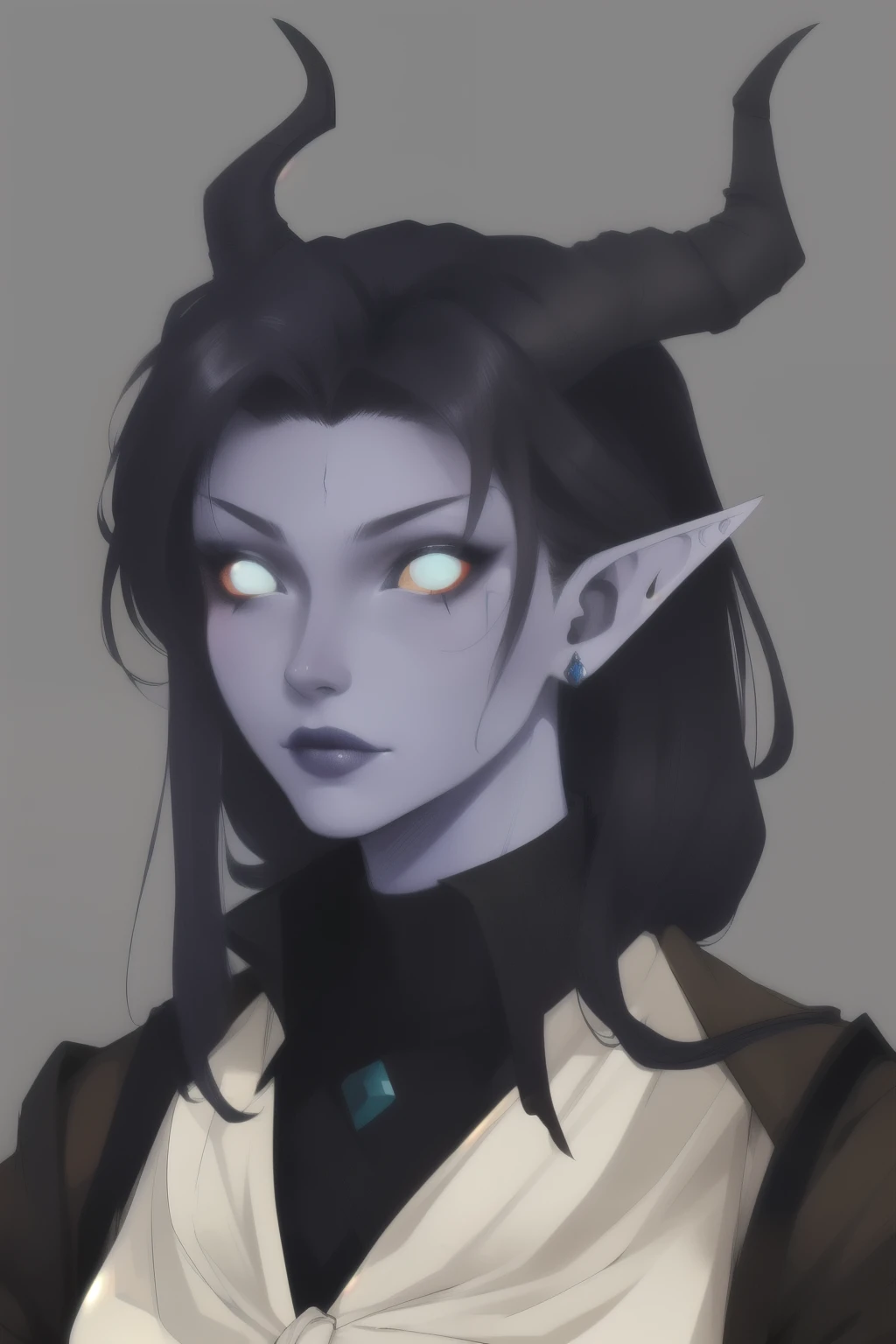 iefling, (colored eyes, colored sclera, colored skin, colored hair, pointed ears, pointed horns, tail), looks like a demon, fantasy clothing, solo focus