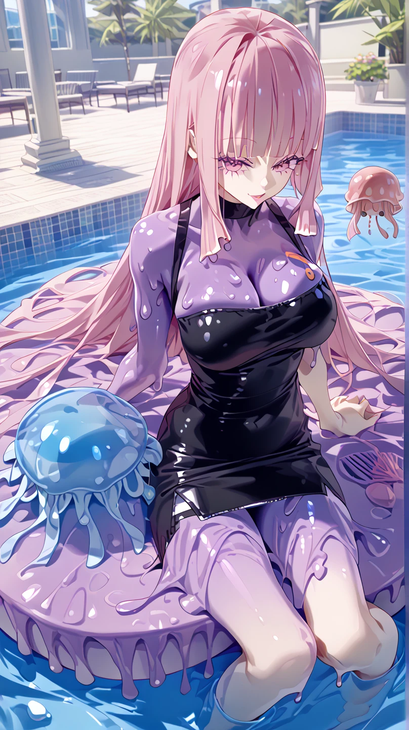  girl wearing leather pencil skirt, Swimming in the pool、(((Jellyfish Woman 、Sexy girl、Jellyfish body、🪼、slime body:1.8)))