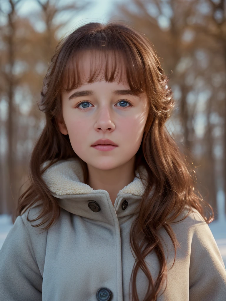 schoolgirls, Brown hair, bob hair cut, With bangs, Purple snow jacket,Layered over a green sweater, hands crossed, The expression is slightly serious, Big eyes, White gloves, Blue eyes,