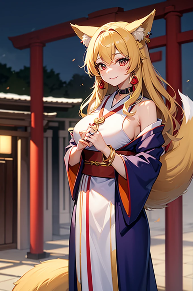 Masterpiece、Big Breasts、Cleavage、Fox ears、Long blonde、Red Eye、kimono、smile