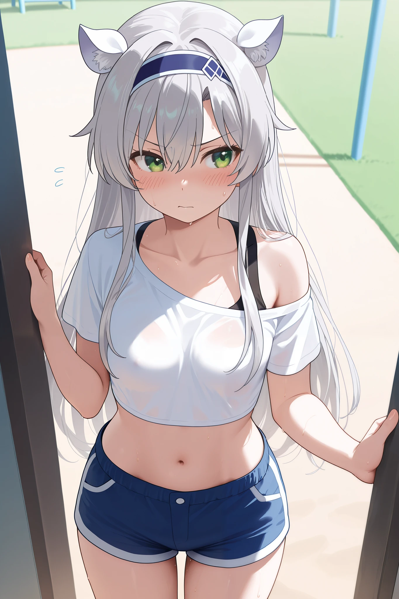 Pretty asian woman, bright silver hair, long hair, green eyes, busty, sweat pants and a white t shirt, cute, anime style, crawling away from the camera, facing away