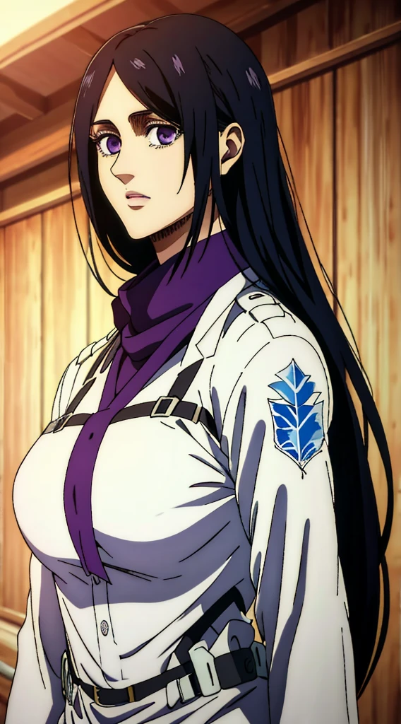 (masterpiece:1.2, best quality), photorealistic, (hyperrealistic:1.2), beautiful, woman from AOT but with long black hair, she's a doctor , Mappa style ، smiling , she got frieda Reiss purple eyes ، very beautiful, long hair , she wears an white cocktail dress, long white dress, her eyes turned to purple,her face looked shocked, she looks scared