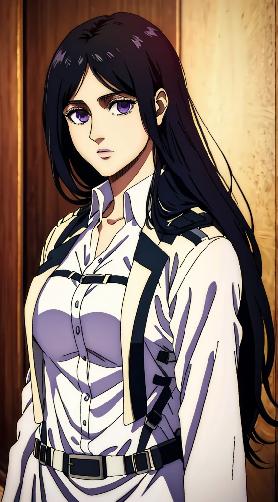 (masterpiece:1.2, best quality), photorealistic, (hyperrealistic:1.2), beautiful, woman from AOT but with long black hair, she's a doctor , Mappa style ، smiling , she got frieda Reiss purple eyes ، very beautiful, long hair , she wears an white cocktail dress, long white dress, her eyes turned to purple,her face looked shocked, she looks scared