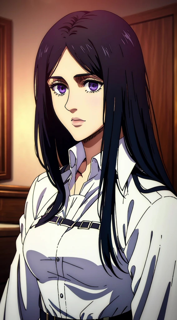 (masterpiece:1.2, best quality), photorealistic, (hyperrealistic:1.2), beautiful, woman from AOT but with long black hair, she's a doctor , Mappa style ، smiling , she got frieda Reiss purple eyes ، very beautiful, long hair , she wears an white cocktail dress, long white dress, her eyes turned to purple,her face looked shocked, she looks scared