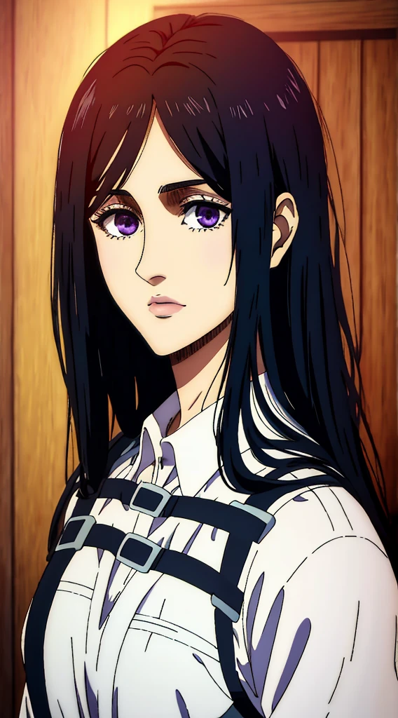 (masterpiece:1.2, best quality), photorealistic, (hyperrealistic:1.2), beautiful, woman from AOT but with long black hair, she's a doctor , Mappa style ، smiling , she got frieda Reiss purple eyes ، very beautiful, long hair , she wears an white cocktail dress, long white dress, her eyes turned to purple,her face looked shocked, she looks scared