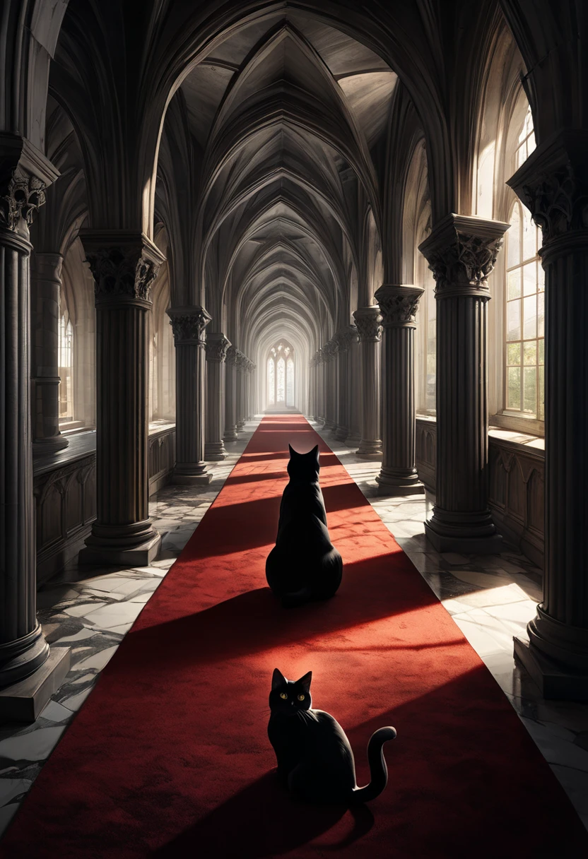 Surrealism, work of art, 8K quality, "endless corridor", perspective, converging to a single point, feeling of endless length, a long corridor in a medieval church, a corridor with gray-white marble columns and a red carpet, sunlight streaming in from the garden in places, a black cat sitting far ahead, there is only one cat, it is unrealistic but the corridor is depicted as continuing on forever.