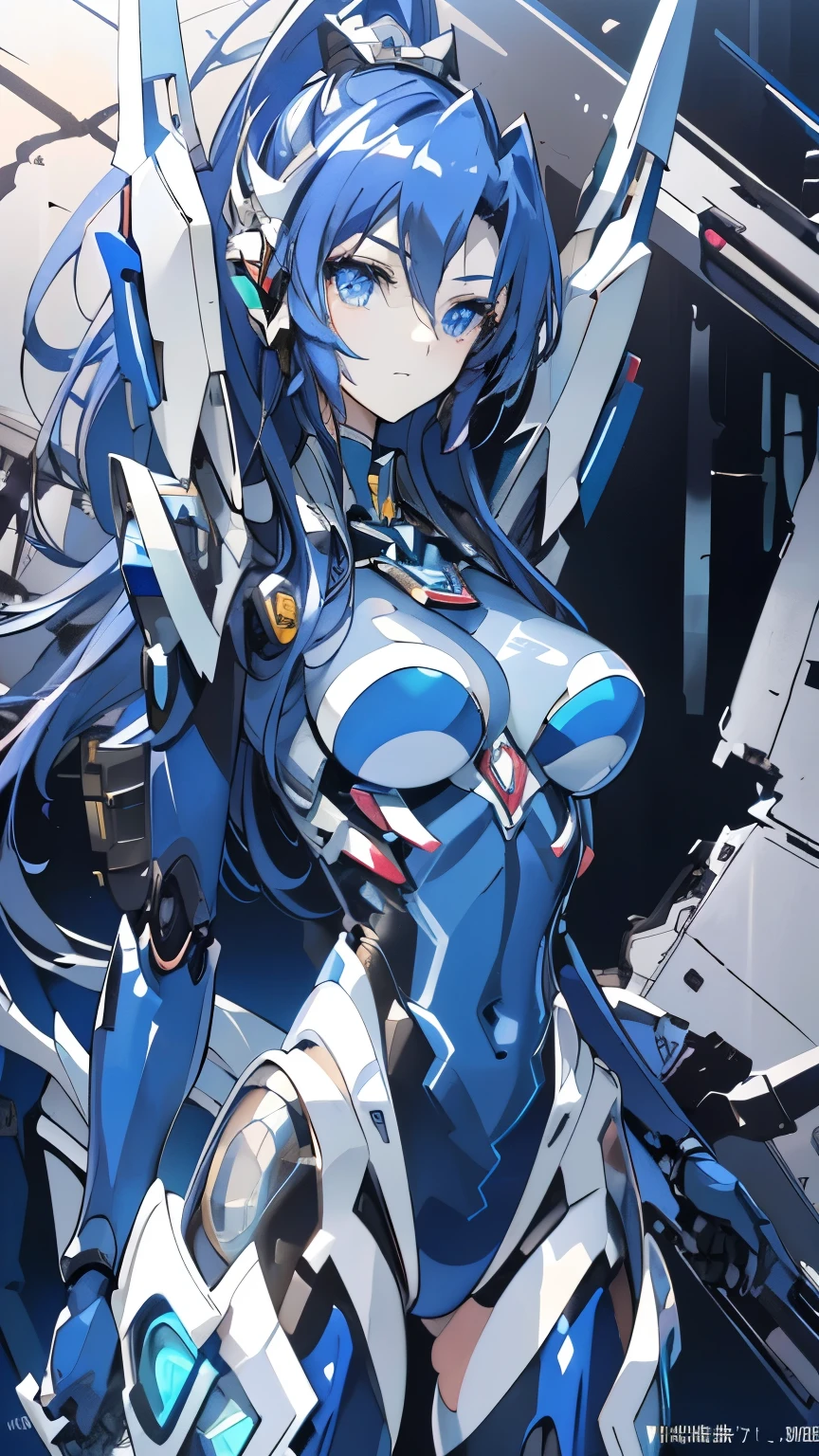 ((Masterpiece, Best Quality)), blue hair, cat tail, Green eyes, White cyberpunk robot parts, smiles, happy, Sexy pose, thicc, big breasts, big ass, illustration, ultra-detailed 8K, realistic, clear focus, highly detailed, professional lighting, colorful details, colors BREAK factory super long shot, (1 large mechanical robot), microchip, computer, luminescence, intricate details, shitu-mecha, 1girl downscale standing in front of the viewer, navel, in the room.