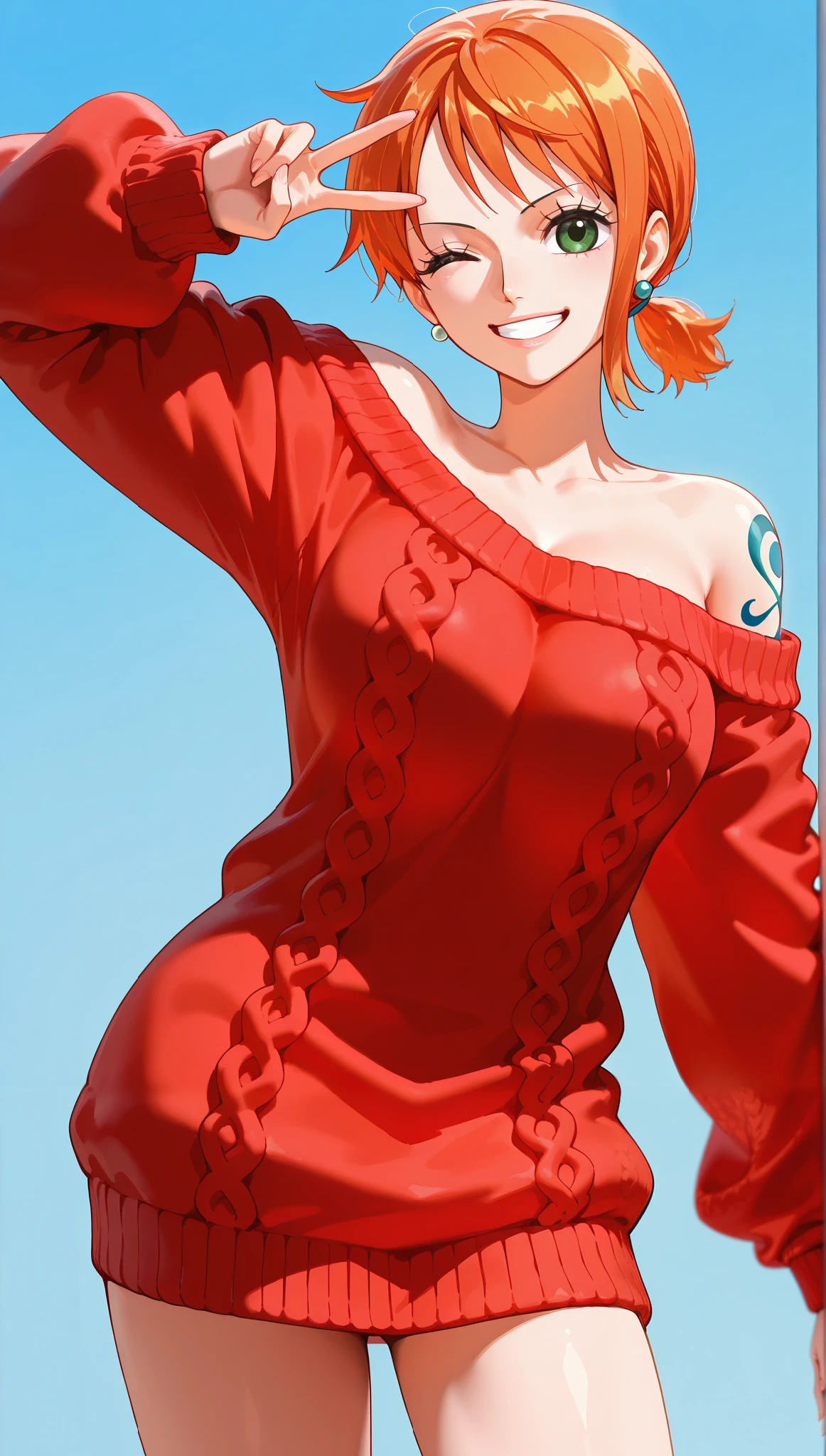 score_9, score_8_up, score_7_up, intricate details,
1girl, Nami, one piece, orange hair, low ponytail, short hair, green eyes, oversized red knit sweater, off-shoulder, wink, grin, v, cowboy shot