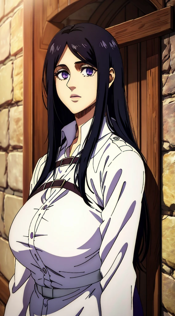 (masterpiece:1.2, best quality), photorealistic, (hyperrealistic:1.2), beautiful, woman from AOT but with long black hair, she's a doctor , Mappa style ، smiling , she got frieda Reiss purple eyes ، very beautiful, long hair , she wears an white cocktail dress, long white dress, her eyes turned to purple,her face looked shocked, she looks scared, she's pregnant 