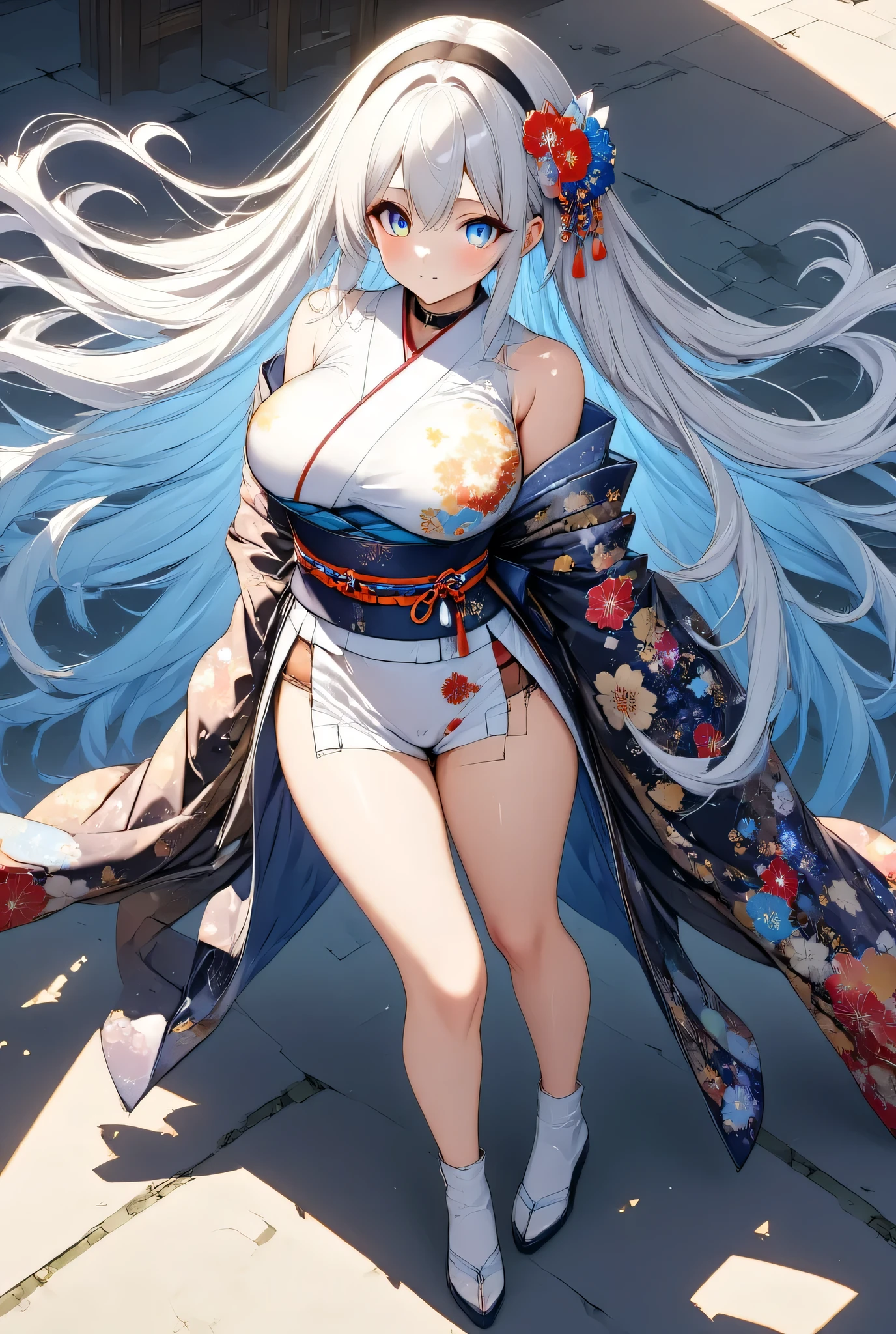  fresh illustration ,
Superfine painting,
 top quality,
 very delicate illustration ,
 Very fine details ,
 beautiful attractive anime style ,
Super detailed drawing ,
 illustration of a beautiful and sophisticated girl,
 full body view,
Height: 158cm,
Fair skin,
(((((Complete iris heterochromia ))))),
 large black pupils ,
 beautiful eyes,
Shiny super long hair ,
 blue hair,
 The hair has a gradation
My forehead is half sticking out,
 pretty and cute face ,
Cheeks are ruddy,
Lowering the eyebrows,
 since age 27,
The upper body is in a super flashy blue kimono,
 lower body Nadres ,
 The color of the belt matches the kimono and is tastefully embroidered with gold thread,
 fine fabric clothing ,
Shoulder-width narrower shoulders,
mega breasts,
Isometric,
Golden Ratio,
 wearing a padded collar innerwear ,
 tactical use of shadows ,
( The hair and the halo on the head do not extend beyond the frame),
(Clothes don't stick out of the angle of view ),
 garter belt,
 stockings ,
 The thigh strap cuts into the skin,
ivory lace shorts,
 The tips of the white long boots are Japanese style ,
 Thin Waist,
Thick thighs,