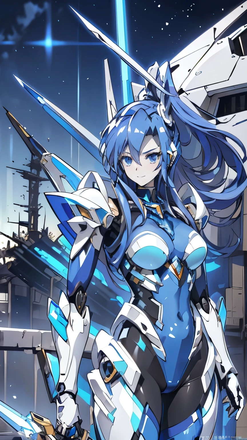kazanari tsubasa,blue hair,((long hair1.1)),blue eyes,middle breasts,(night collapsed building:1.4),(battle illustration:1,Art Book,Art Books:1.3,quilt art:1.2),(Reasonable design,clear lines, High Definition,best quality,Very detailed,Movie lighting effects,4K),(Mecha suit:1.8),(extremely detailed illustration:1.5),(watercolor painting:1.2),(1girl:1.0),cool girl,white and blue pattern,fantasy,detailed picture,Cool smile,Cruel beauty,Gem-like blue eyes,Very beautiful eyes,The face is rich in detail,blue energy,(Glow white: 1.5),supercomputer,nanometer,Satellite Anthropomorphism,Standing picture,Cool look,(holding pale glowing sword:1.3),(pale glowing mechanical wing:1.1),(heavy armor on shoulders:1.2),dynamic angle