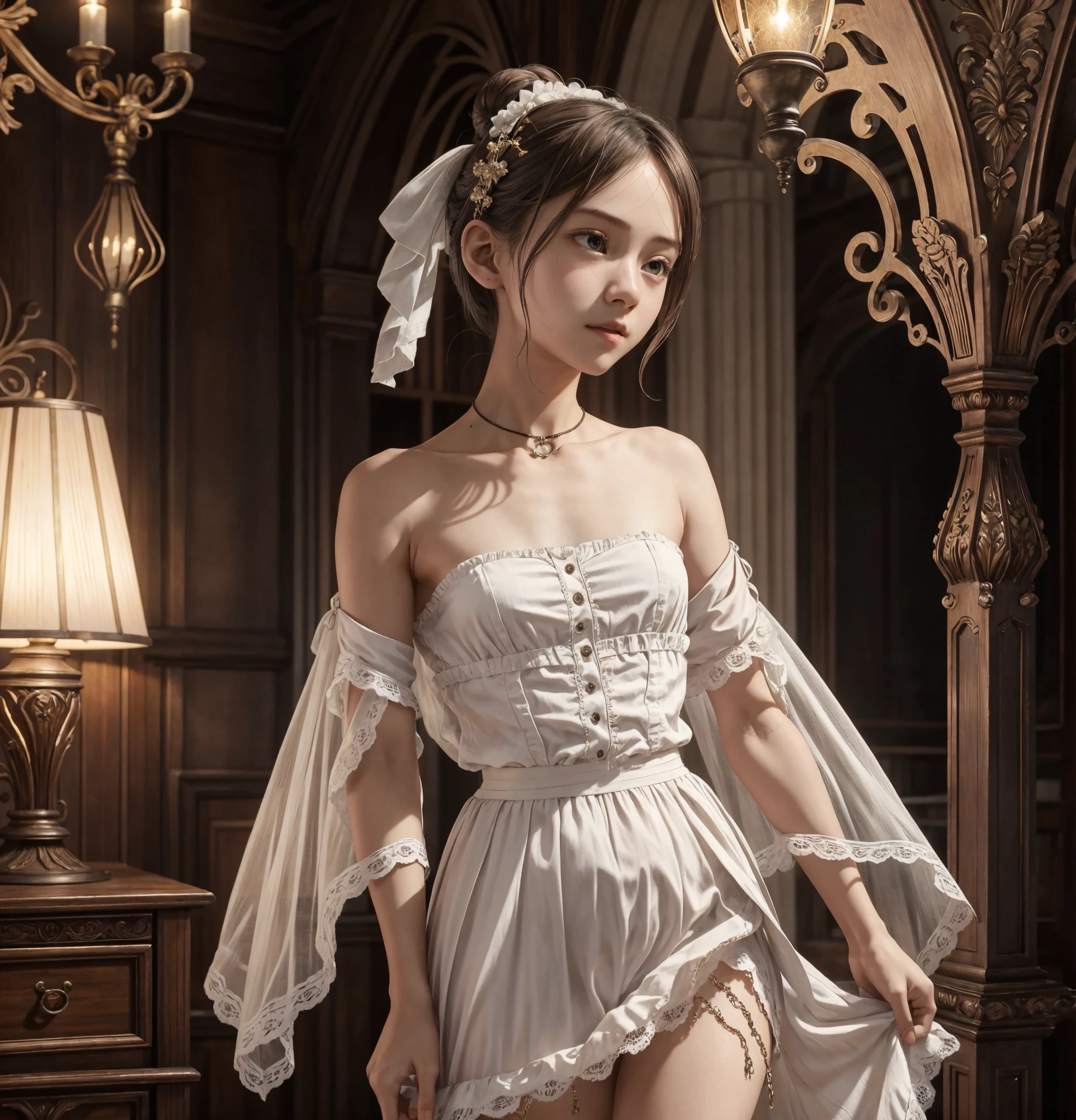  Unity 8K Wallpaper,  more details,  beautiful,  beautiful, masterpiece,  top quality, vibe, mystery, Romanticism, literature, art, fashion,  Victorian, Decoration, Complexity, Ironwork, race, meditation, Depth of emotion,  Supernatural, 1 girl, white skin,White Shoulders,Narrow shoulders,Thin arms, slender waist, bun hair 