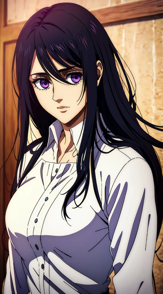 (masterpiece:1.2, best quality), photorealistic, (hyperrealistic:1.2), beautiful, woman from AOT but with long black hair, she's a doctor , Mappa style ، smiling , she got frieda Reiss purple eyes ، very beautiful, long hair , she wears an white cocktail dress, long white dress, her eyes turned to purple and got white in it ,her face looked shocked, she looks scared, she's angry 