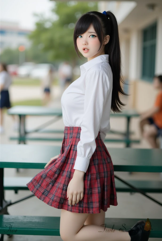 High quality real photo of a Thai woman ,  Pretty Girl  (((Big breasts部 , Big breasts , ))) ,  best quality,  a 20-year-old Thai girl in a school uniform standing at a green metal table,   She's wearing a white shirt (((Big breasts部 , Big breasts , )), Wearing a plaid dress , She raised the hem of her dress ,  and black shoes .  Her long black hair tied in a ponytail . She is looking directly into the camera, with a mischievous smile . Table and benches outdoors, A school building in the background. [ Digital Art, Portrait Style, Soft Focus, Silent color ,  natural light,  slight vignetting effect ]