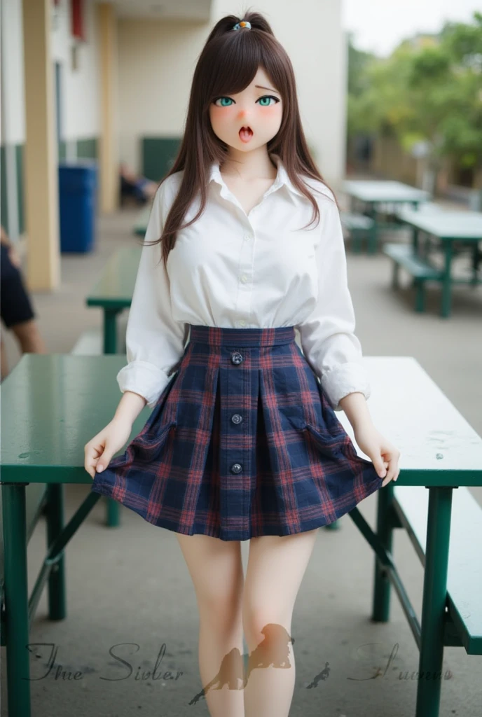 High quality real photo of a Thai woman ,  Pretty Girl  (((Big breasts部 , Big breasts , ))) ,  best quality,  a 20-year-old Thai girl in a school uniform standing at a green metal table,   She's wearing a white shirt (((Big breasts部 , Big breasts , )), Wearing a plaid dress , She raised the hem of her dress ,  and black shoes .  Her long black hair tied in a ponytail . She is looking directly into the camera, with a mischievous smile . Table and benches outdoors, A school building in the background. [ Digital Art, Portrait Style, Soft Focus, Silent color ,  natural light,  slight vignetting effect ]